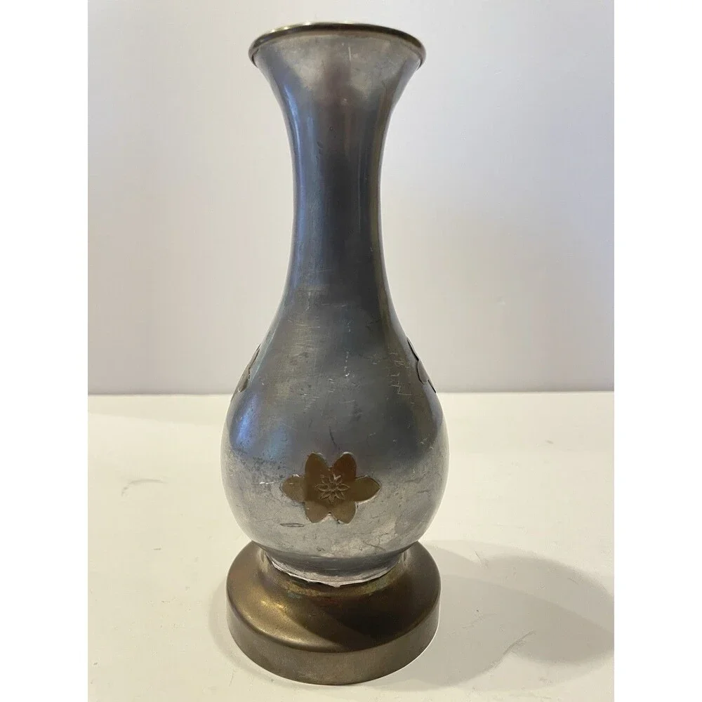 Vintage Mid-century Solid Pewter Vase with Brass Overlay Made In Hong Kong